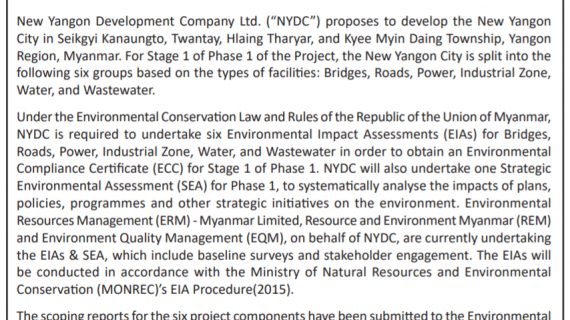 Environmental Impact Assessments & Strategic Environmental Assessment Of the Development Of New Yangon City Phase 1 Master Plan