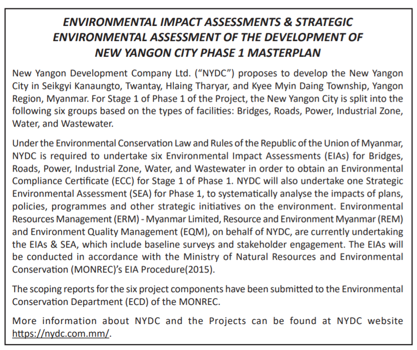 Environmental Impact Assessments & Strategic Environmental Assessment Of the Development Of New Yangon City Phase 1 Master Plan